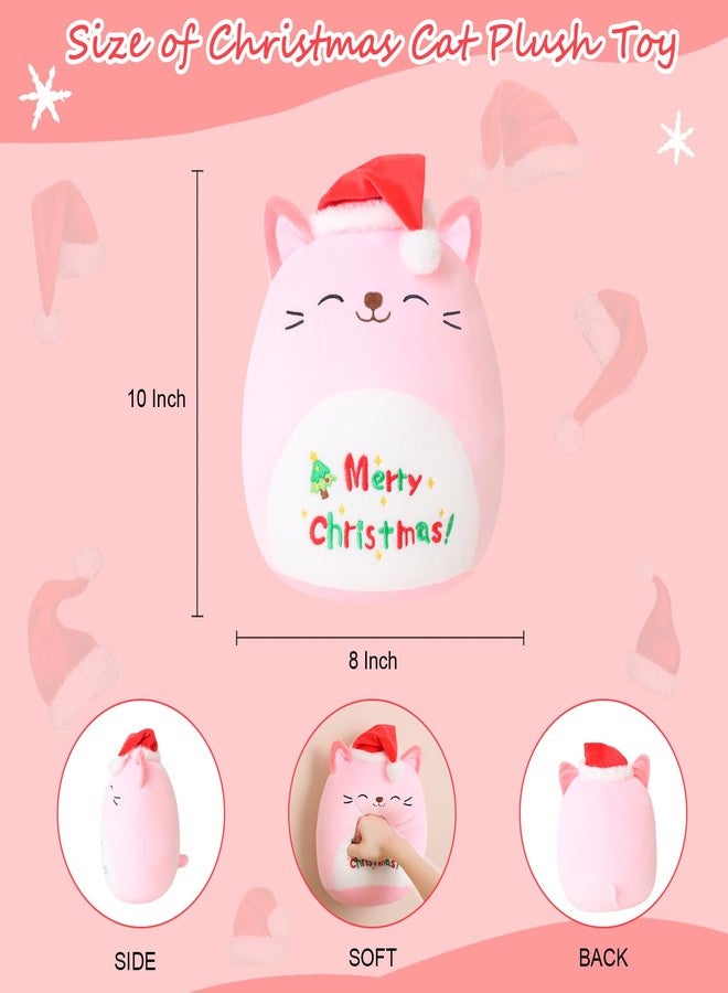 SQEQE قطة عيد الميلاد المحشوة من SQEQE، قطة وردية اللون ترتدي قبعة حمراء، ألعاب قطيفة كاواي، زينة منزلية ناعمة، هدايا للأولاد والبنات (قطة وحيد القرن، 10 بوصة) - Image 3